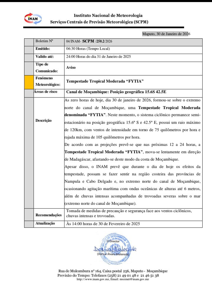 Tempestade Tropical Moderada FYTIA: o que diz o aviso do INAM e como proteger-se