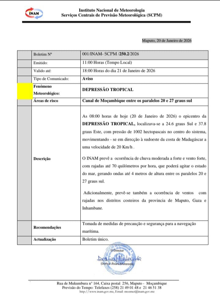 INAM alerta para Depressão Tropical no Canal de Moçambique