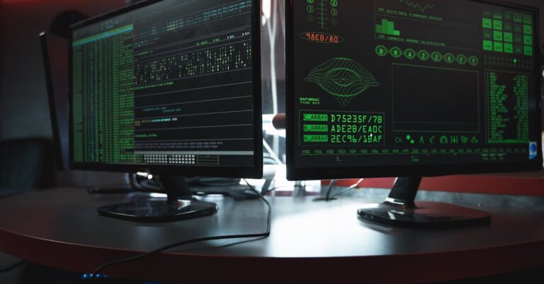Close-up of dual computer monitors with green coding interfaces in a dark room, highlighting cyber security themes.