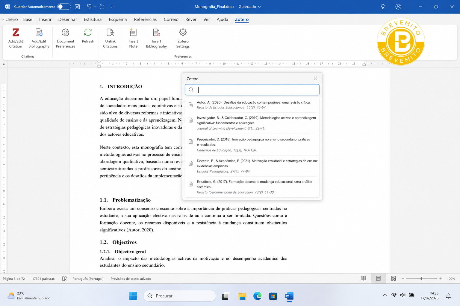 Janela de pesquisa de citações do Zotero aberta no Microsoft Word