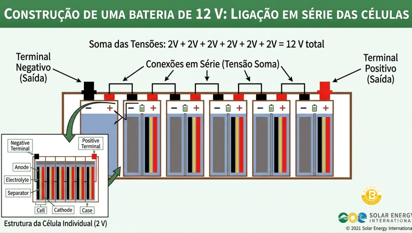 Esquema de construção de uma bateria com seis células ligadas em série