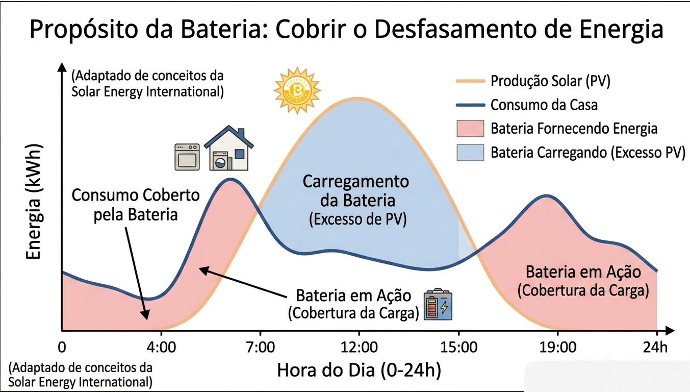 Gráfico de produção solar e consumo de energia ao longo de um dia, mostrando o papel da bateria