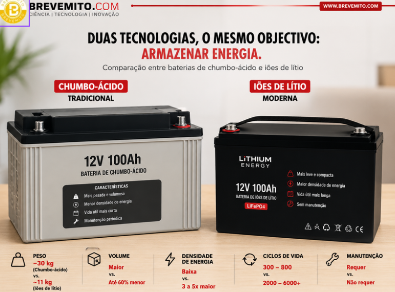 Comparação visual entre bateria de chumbo-ácido e bateria de iões de lítio