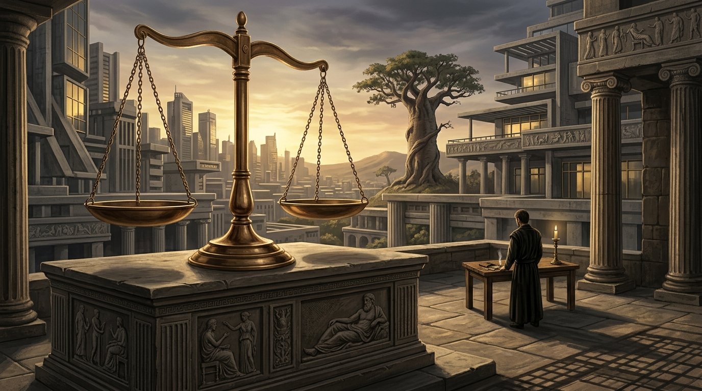 Balança da justiça num cenário que combina elementos arquitectónicos discretos de uma cidade africana contemporânea com uma referência visual à Grécia Antiga