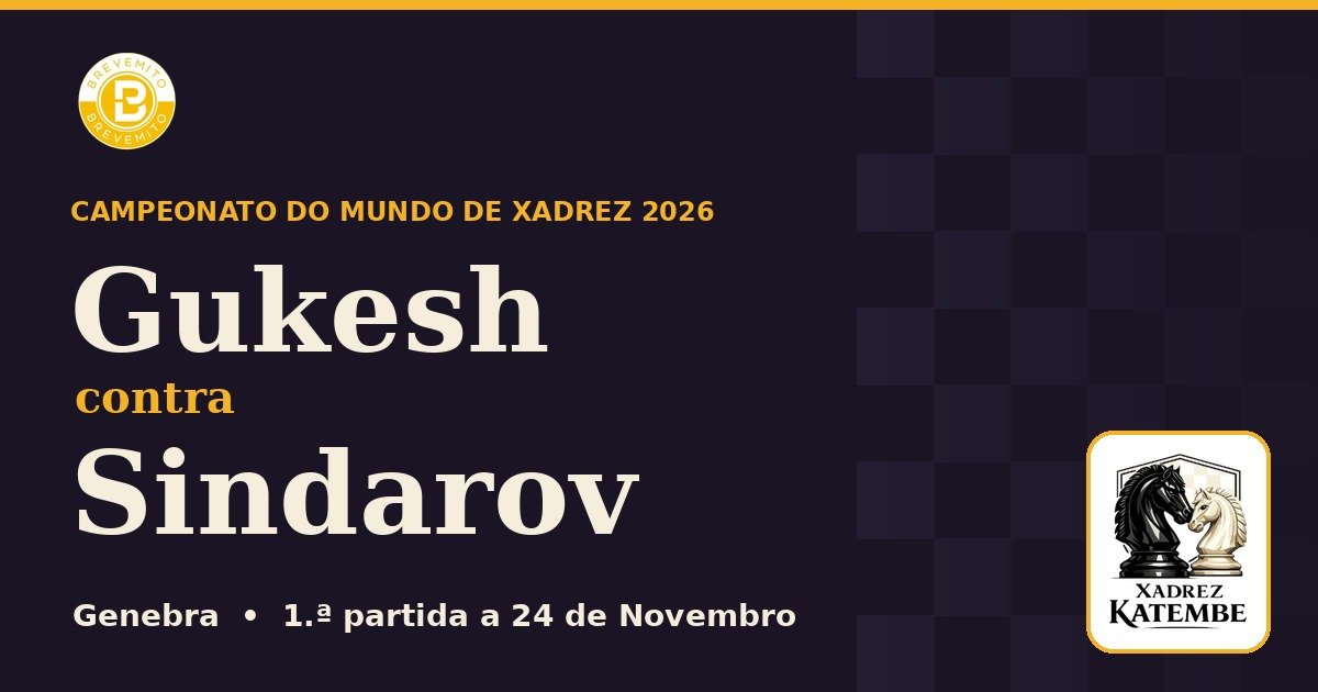 Gukesh contra Sindarov, Campeonato do Mundo de Xadrez 2026, em Genebra, com os logos do Brevemito e do Xadrez Katembe